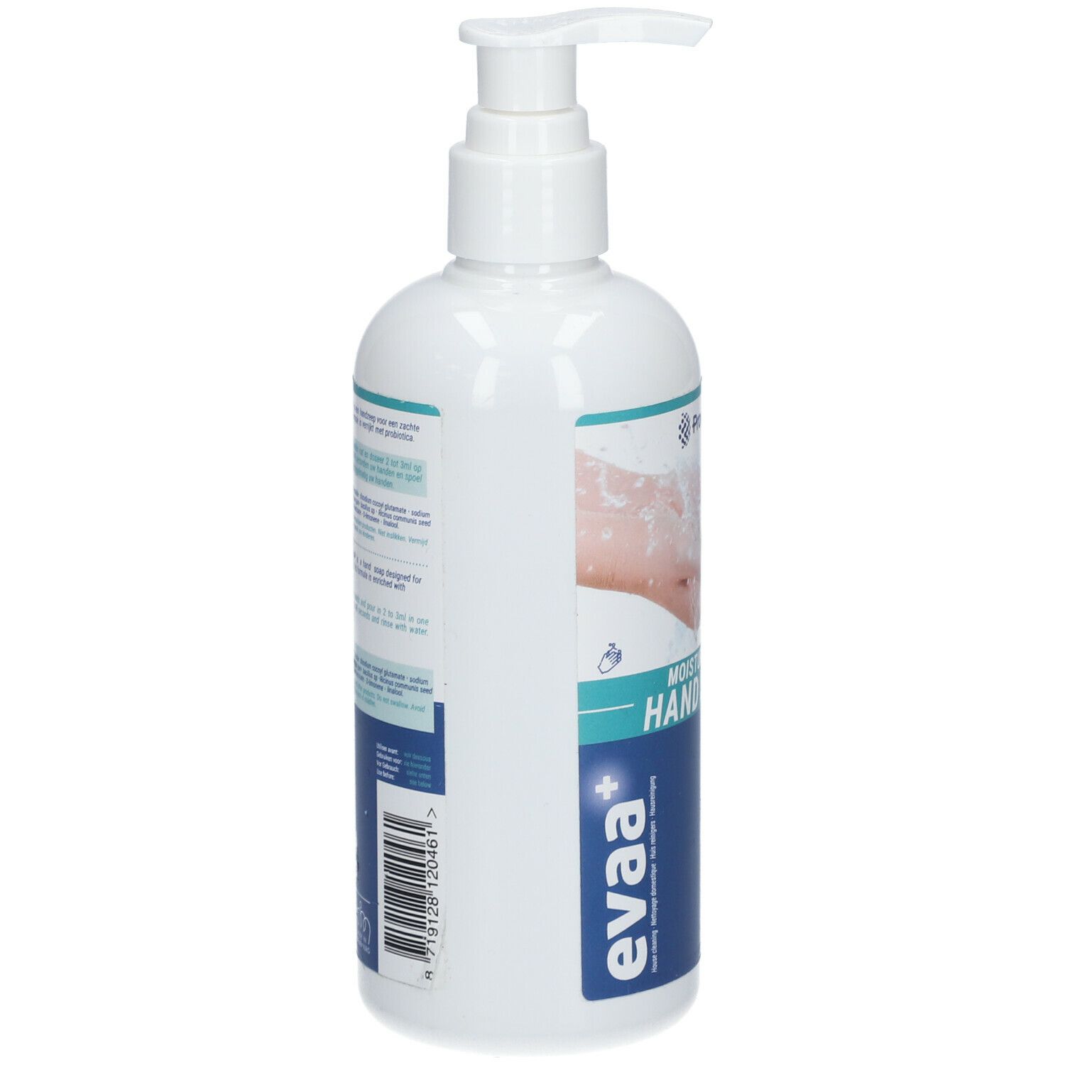 Flacon blanc avec pompe. Inscription: EVAA+ Savon pour les mains. Dos avec texte et code-barres.