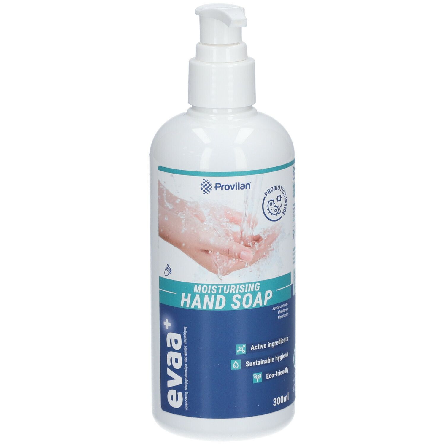Flacon blanc avec pompe. Inscription: EVAA+ Savon pour les mains hydratant. Logo: Provilan.