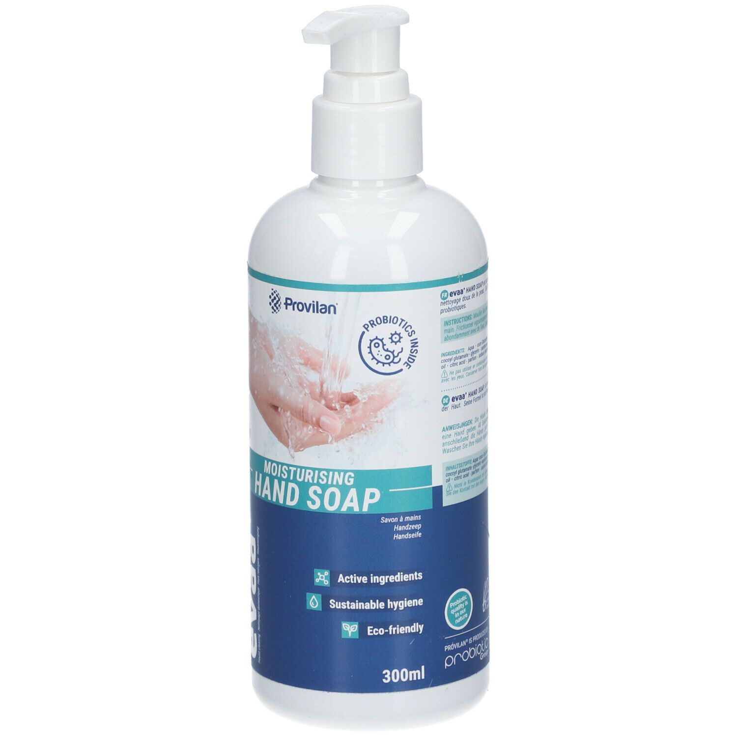 Flacon blanc avec pompe. Inscription: EVAA+ Savon pour les mains hydratant. Logo: Provilan.