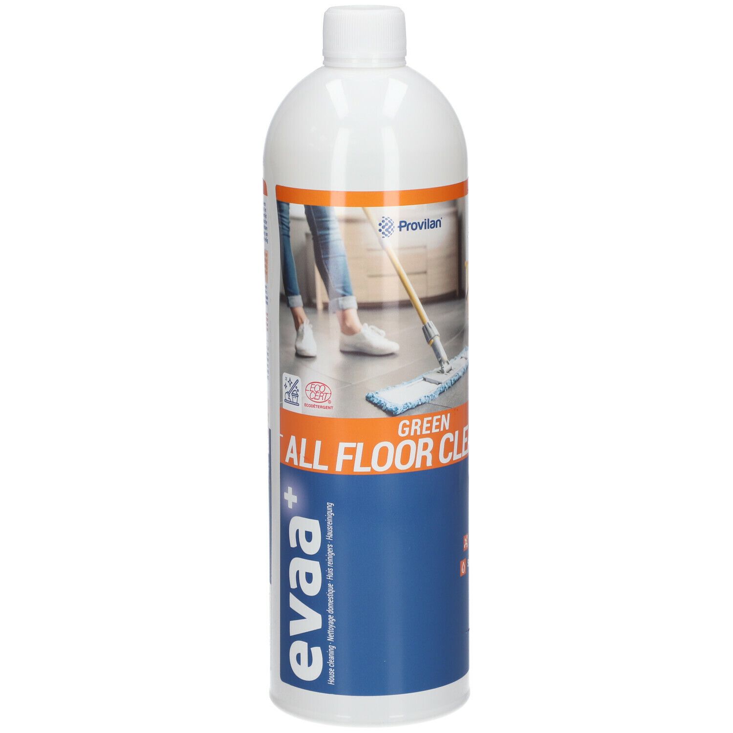 Bouteille blanche avec étiquette bleue. Inscription : eva+, Green All Floor Cleaner. Illustration : personne nettoyant le sol.