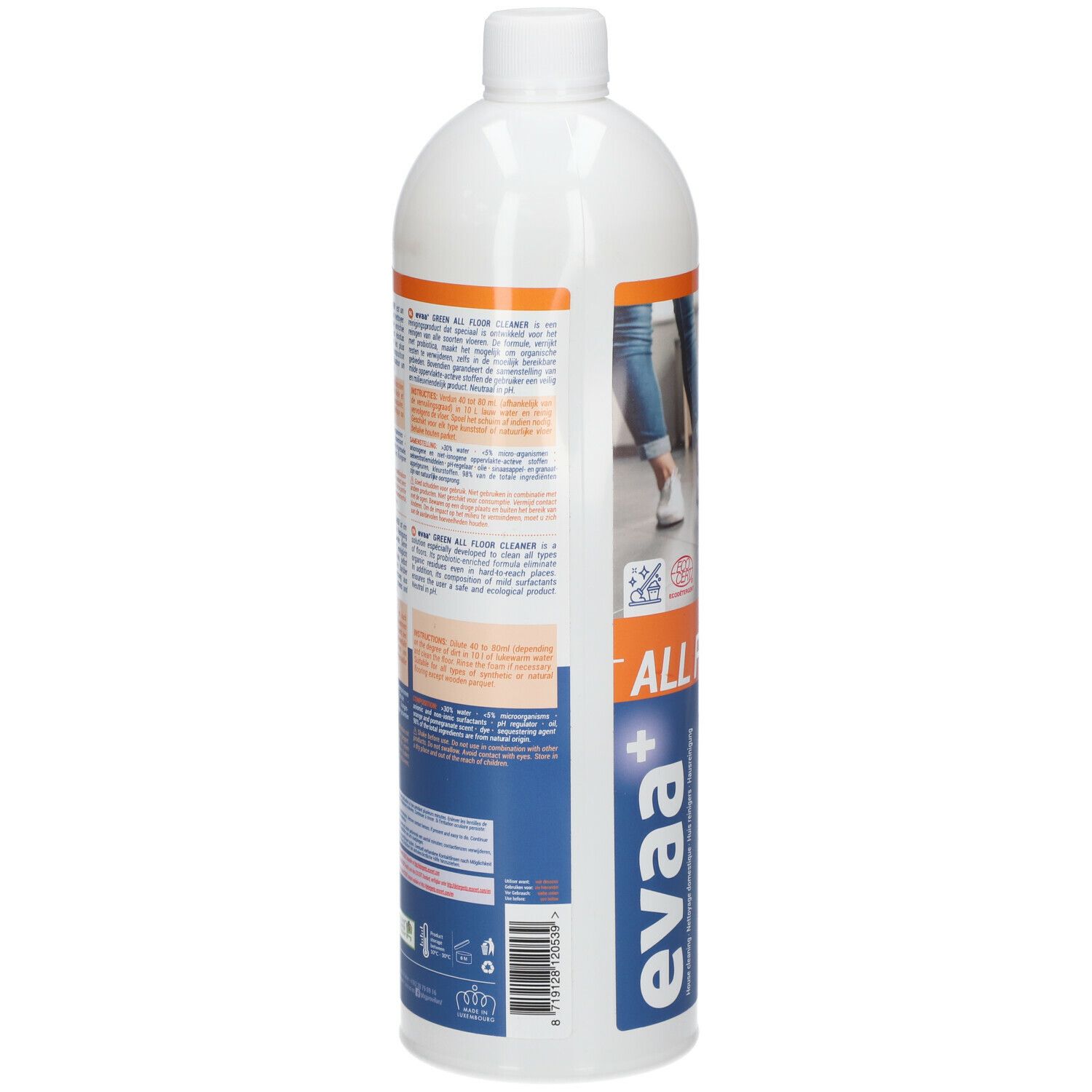 Bouteille blanche avec étiquette bleue. Informations textuelles sur l'étiquette. Arrière de la bouteille.
