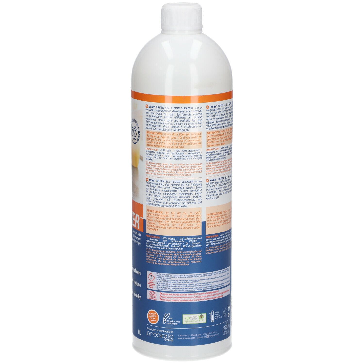 Bouteille blanche avec étiquette bleue. Informations textuelles sur l'étiquette. Arrière de la bouteille.