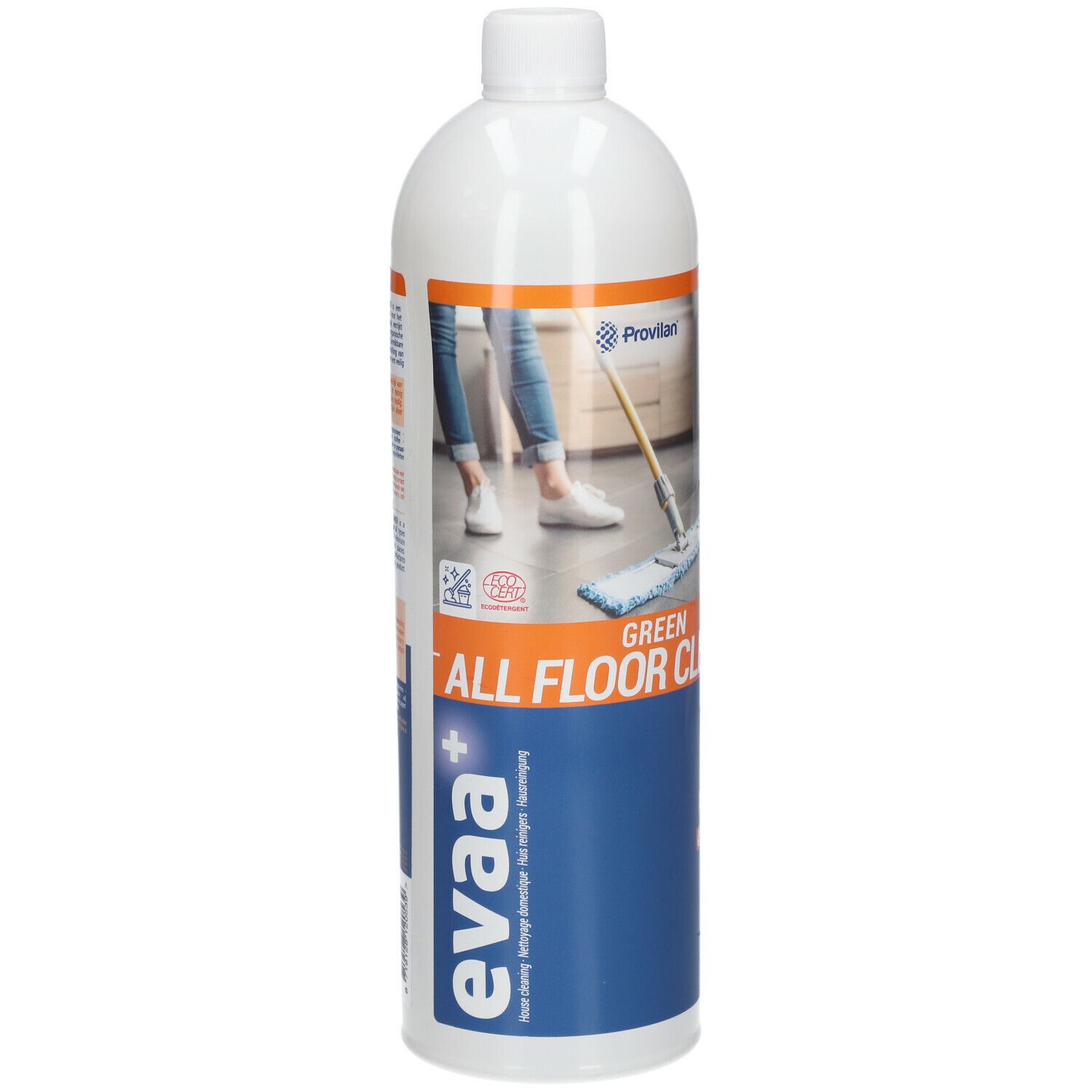 Bouteille blanche avec étiquette bleue. Inscription : eva+, Green All Floor Cleaner. Illustration : personne nettoyant le sol.