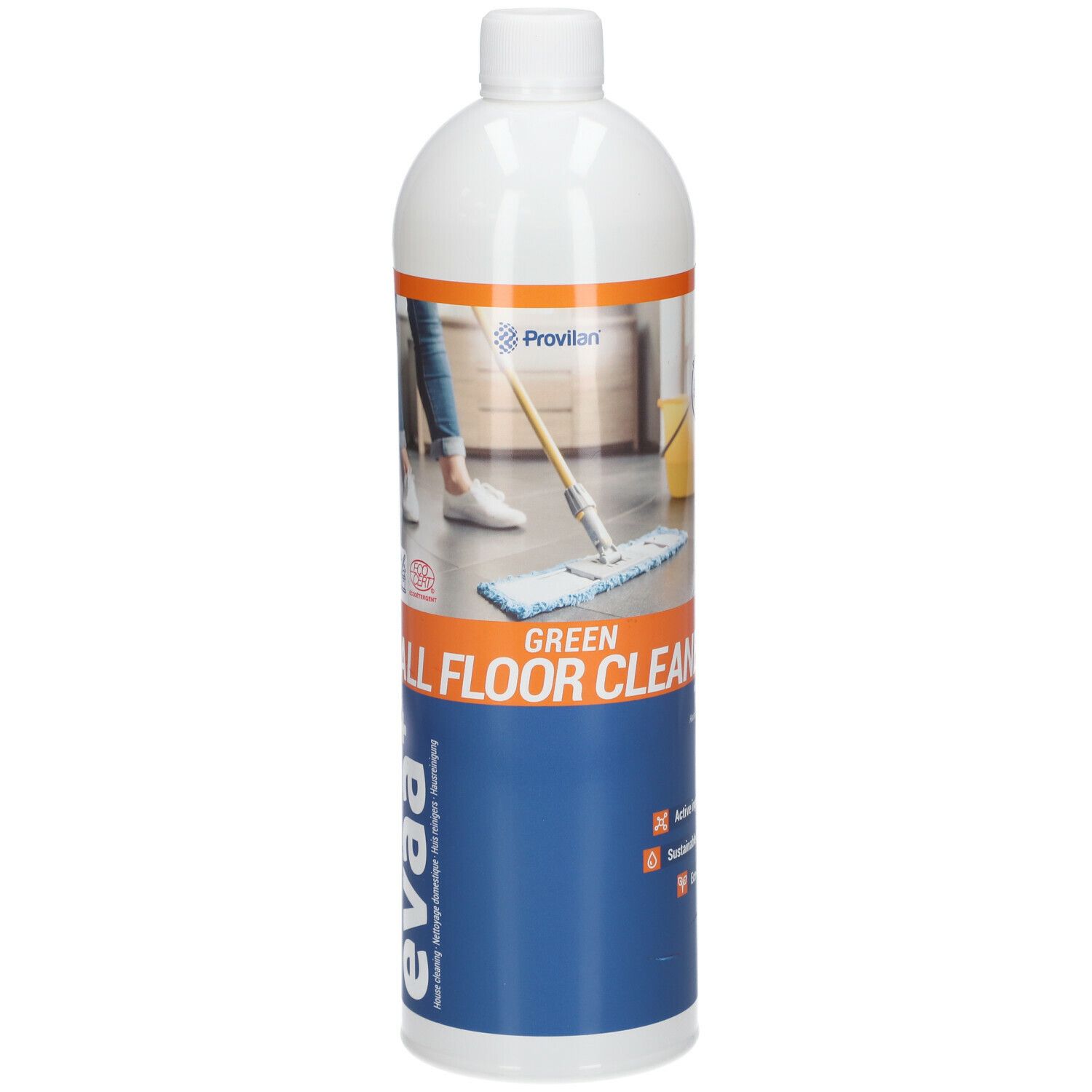 Bouteille blanche avec étiquette bleue. Inscription : eva+, Green All Floor Cleaner. Illustration : personne nettoyant le sol.