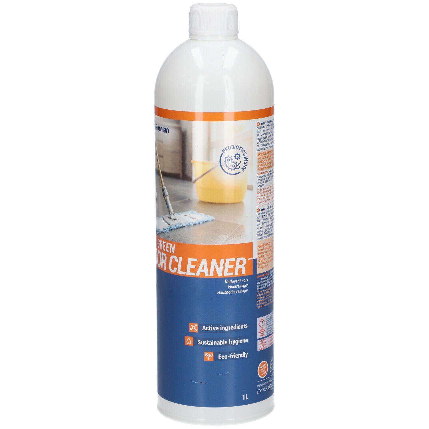 Bouteille blanche avec étiquette bleue. Inscription : Green All Floor Cleaner. Symboles et texte. 1L.