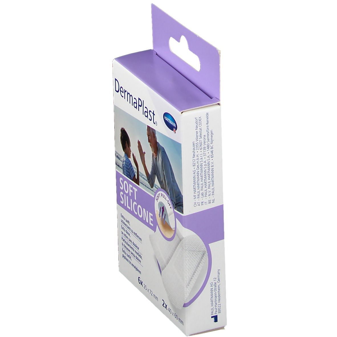 Vue latérale de l'emballage DermaPlast® Soft Silicone Strips-Mix. Marque et nom du produit visibles.
