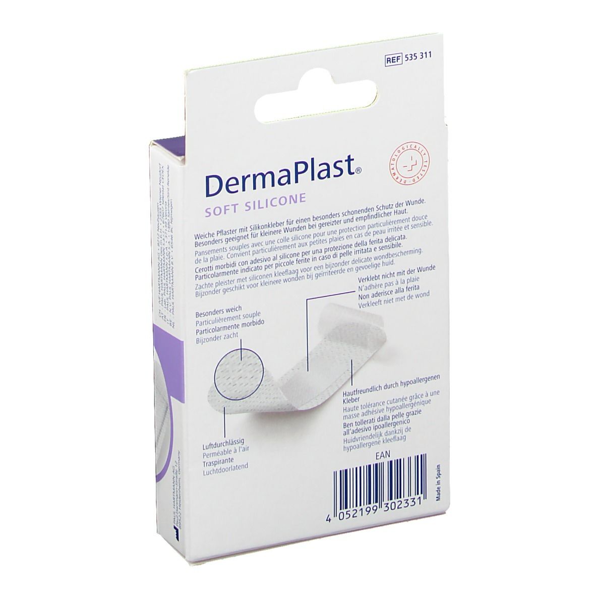 Dos de l'emballage DermaPlast® Soft Silicone Strips-Mix. Informations sur le produit et marque visibles.
