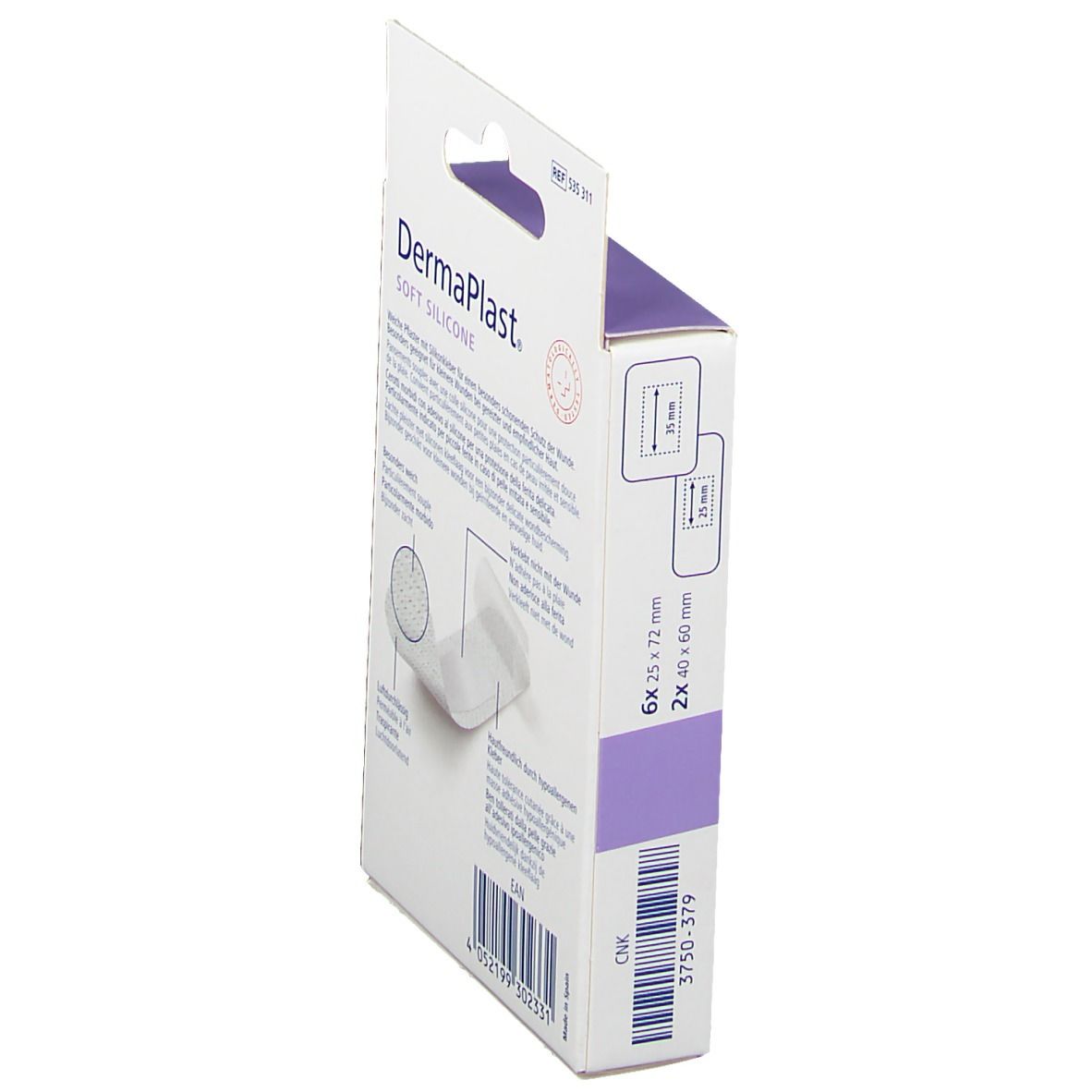 Vue latérale de l'emballage DermaPlast® Soft Silicone Strips-Mix. Dimensions et marque visibles.