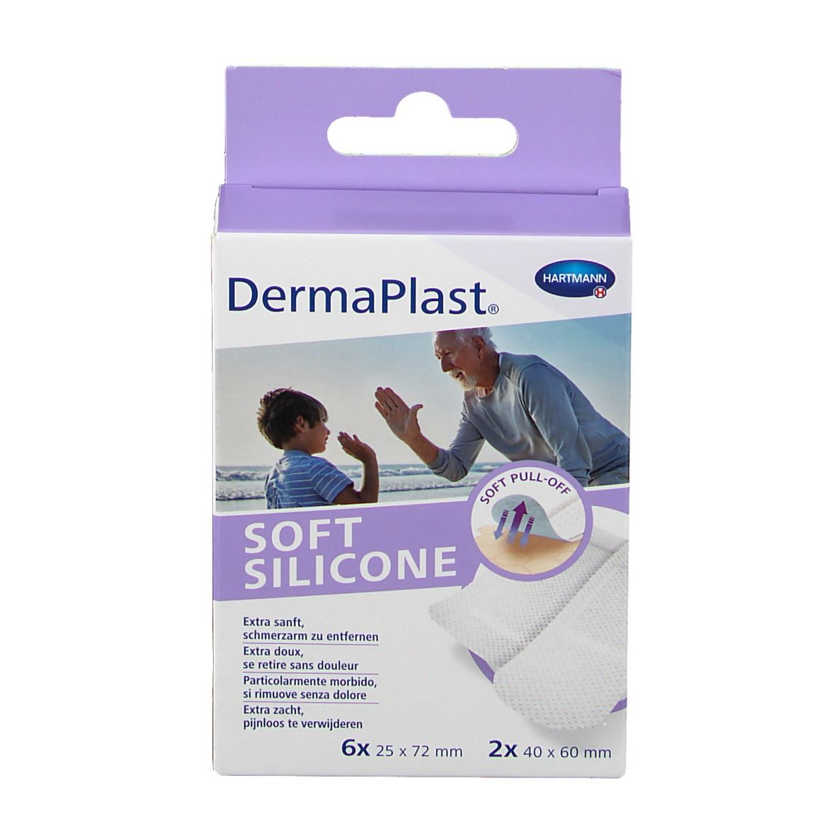 Vue de face de l'emballage DermaPlast® Soft Silicone Strips-Mix. Marque, nom du produit et image.