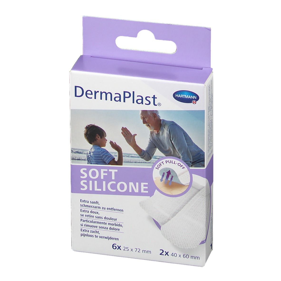 Vue de face de l'emballage DermaPlast® Soft Silicone Strips-Mix. Marque, nom du produit et image.