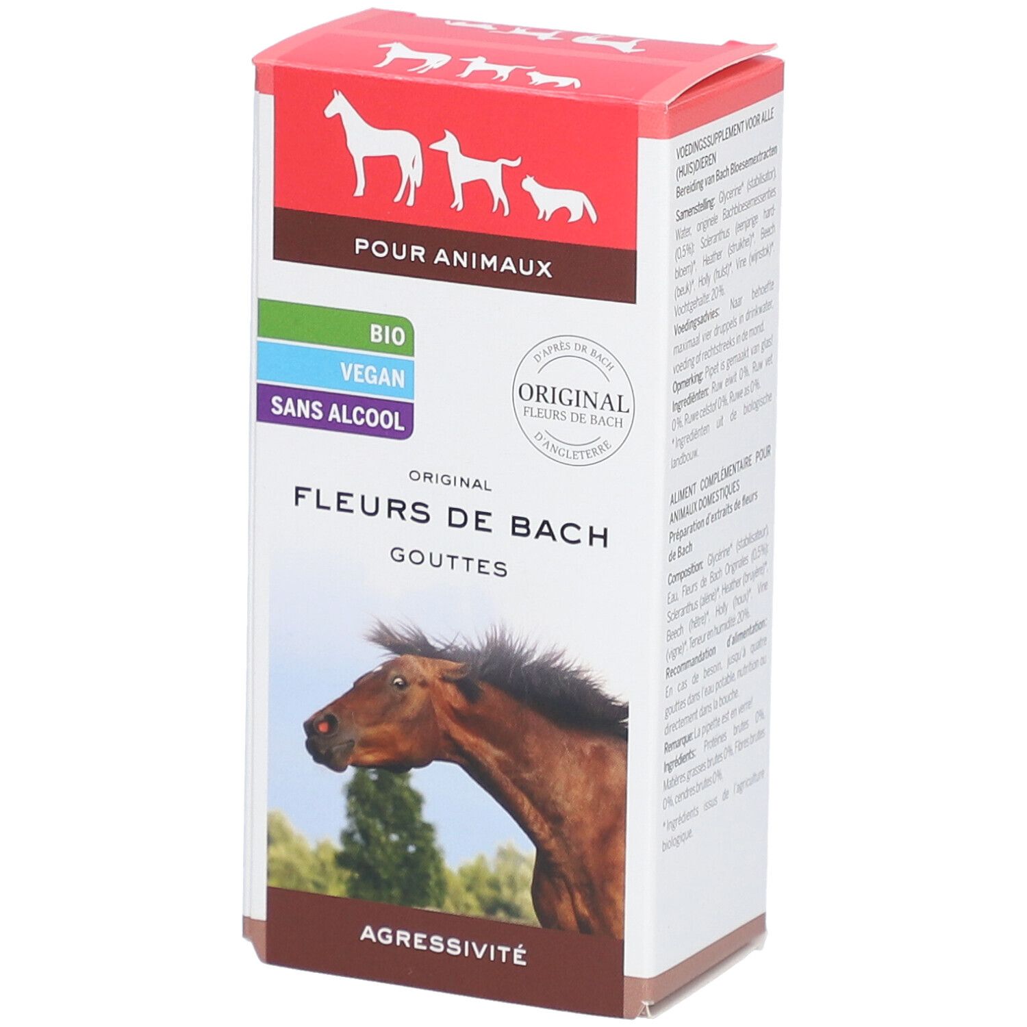 Boîte Fleurs de Bach pour animaux, illustration de cheval. Contient des gouttes, contre l'agressivité.