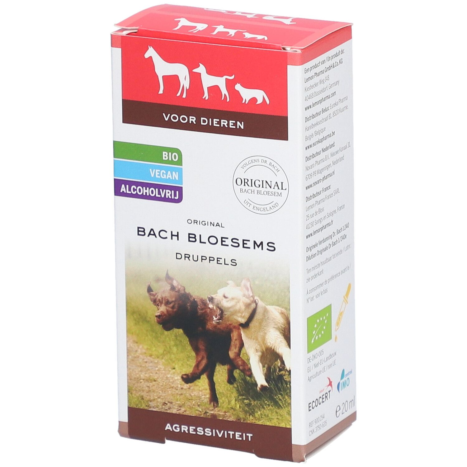 Boîte Fleurs de Bach pour animaux. Contient des gouttes, contre l'agressivité. Illustrations de chiens.