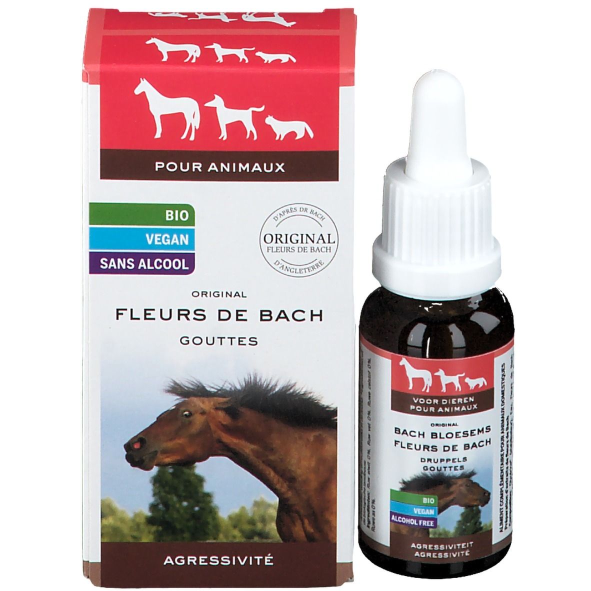Gouttes et boîte Fleurs de Bach pour animaux. Contre agressivité. Illustration de cheval.