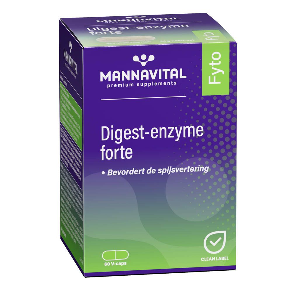 Boîte MannaVital Digest-enzyme forte. Violette, avec logo et nom. Contient 60 V-caps. Label Clean.