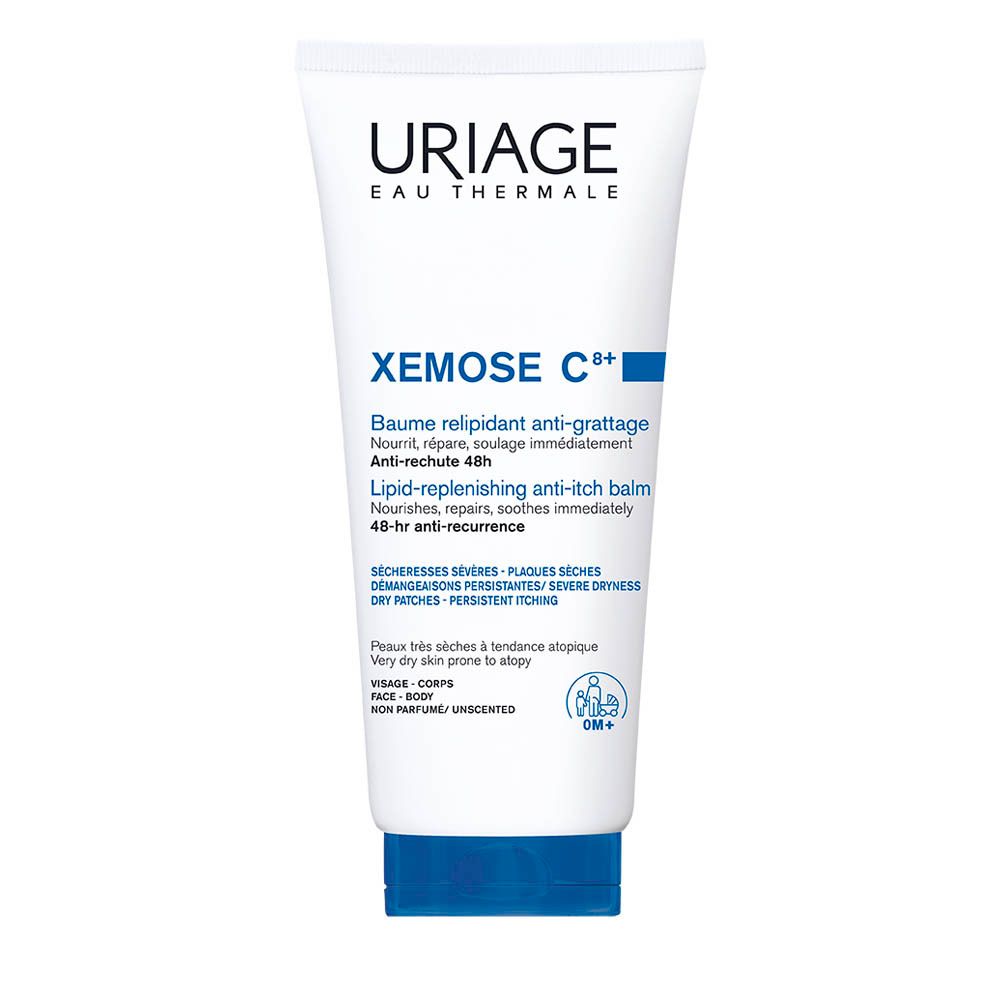 Tube Uriage Xémose C8+. Baume relipidant anti-grattage. Pour peaux très sèches à tendance atopique. Texte en français.