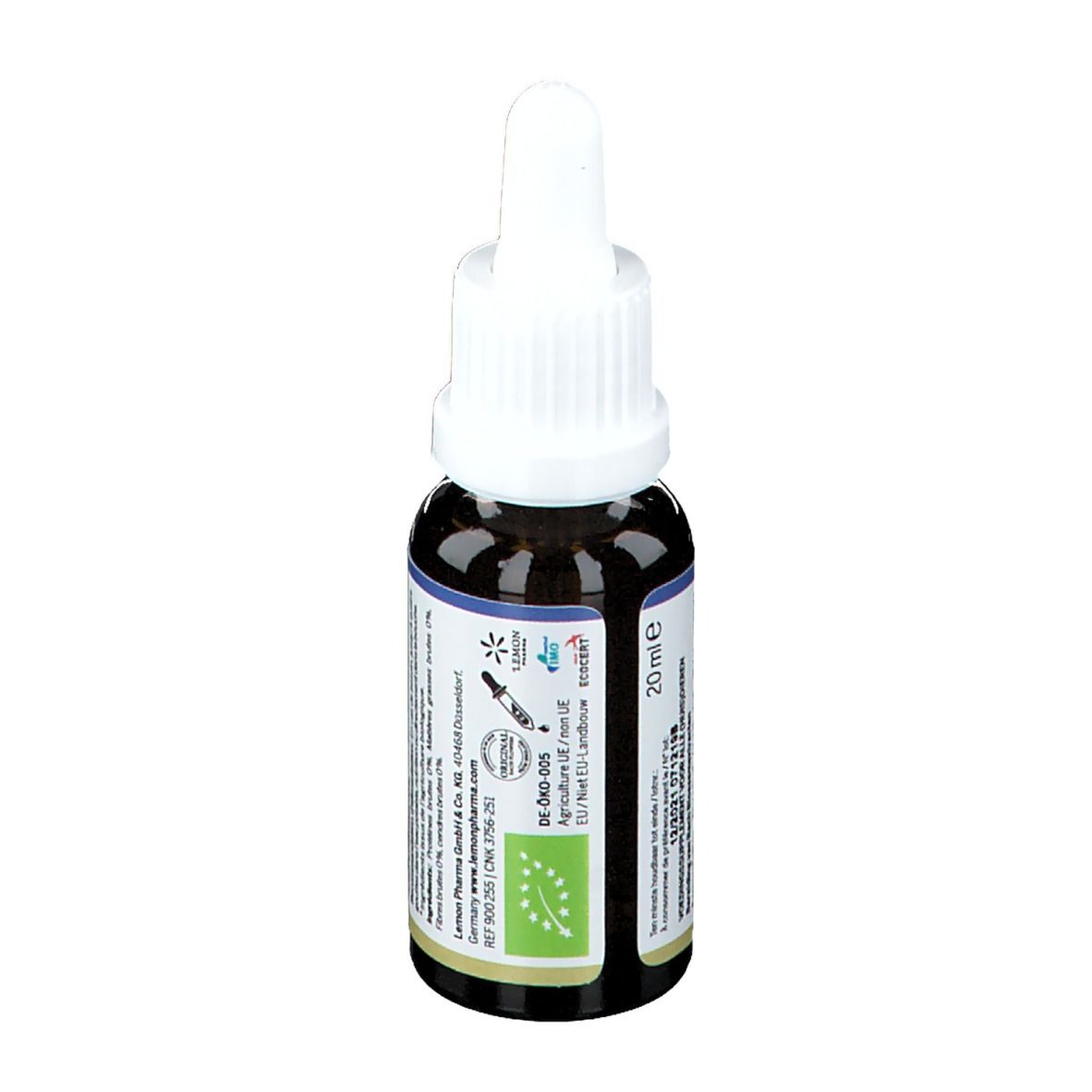 Flacon en verre brun avec bouchon blanc. Étiquette avec informations. Texte : 20 ml, Bio, Vegan, Sans alcool.