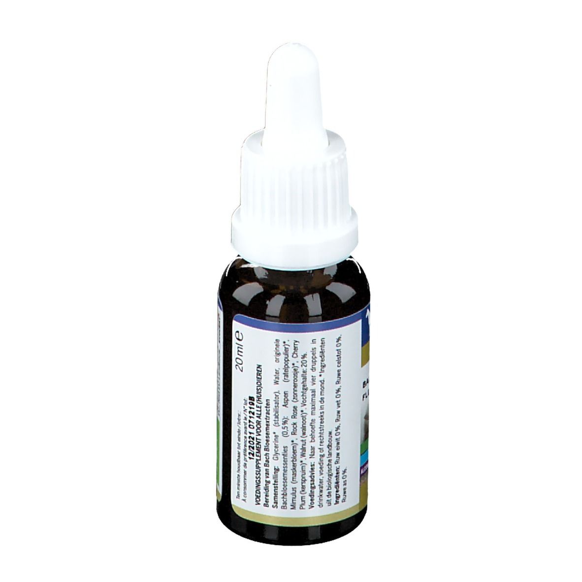 Flacon en verre brun avec bouchon blanc. Étiquette avec informations. Texte : 20 ml, Bio, Vegan, Sans alcool.