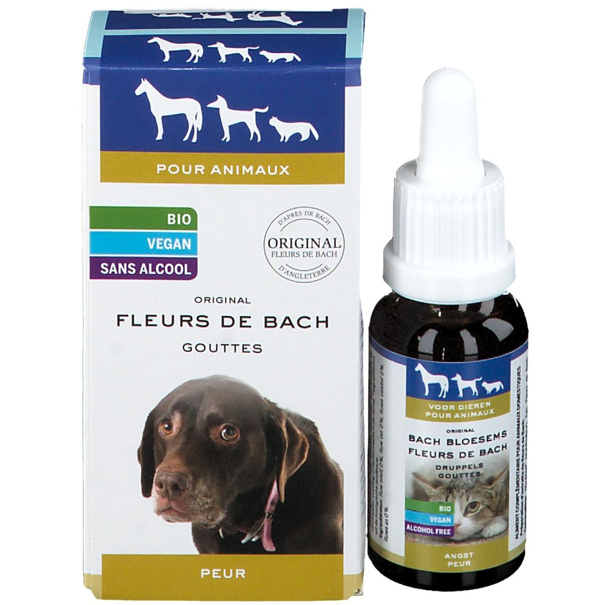 Flacon et emballage. Flacon brun avec bouchon blanc. Emballage avec chien, texte : Fleurs de Bach, gouttes.