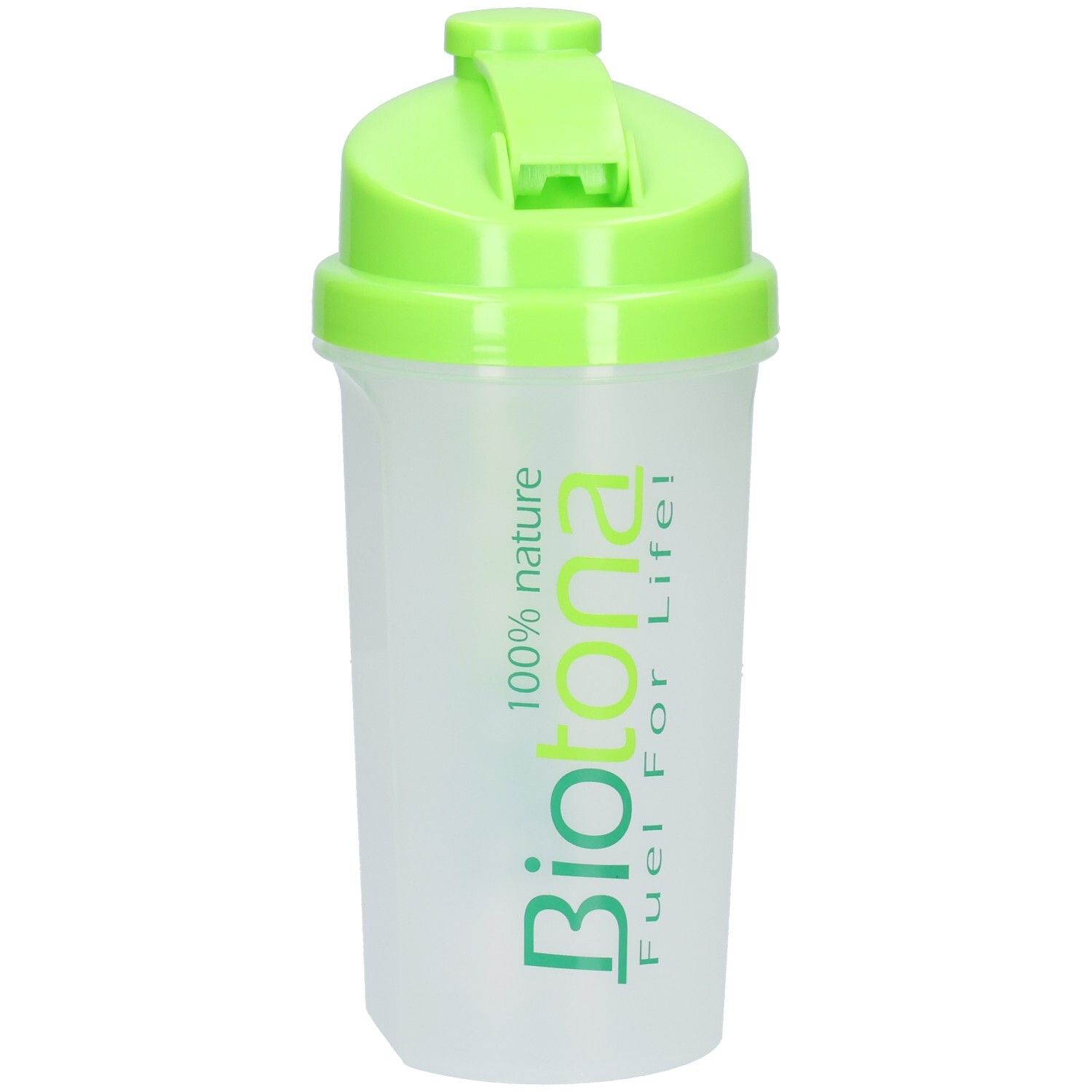 Shaker Biotona avec couvercle et anse verts, récipient translucide avec inscription verte.