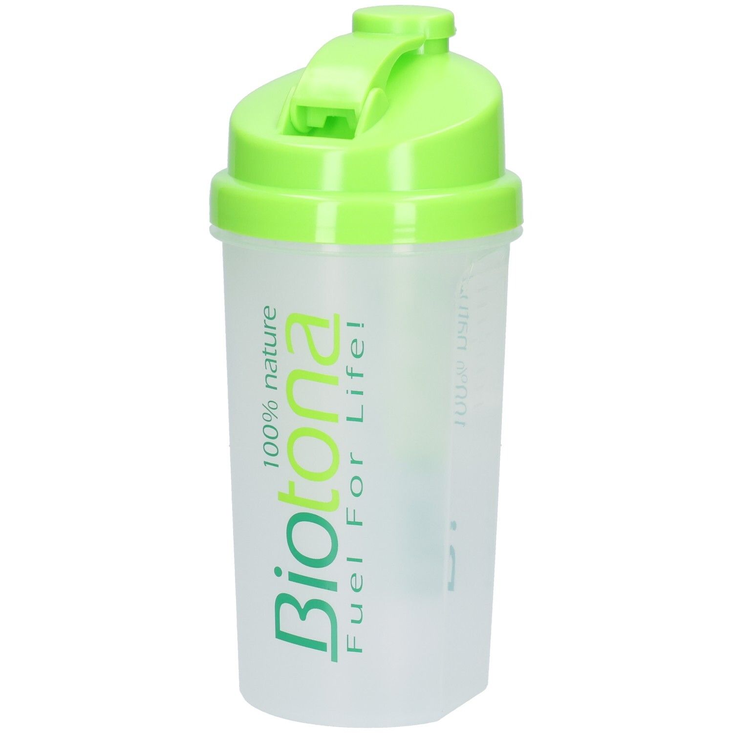 Shaker Biotona, vue de face. Couvercle vert avec anse, récipient translucide avec échelle de mesure.