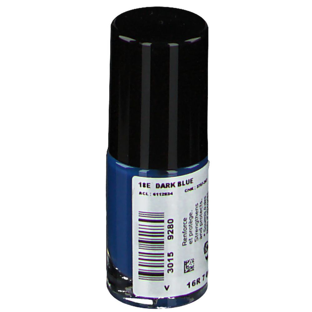 Flacon de vernis à ongles bleu foncé avec bouchon noir. Code-barres et texte au dos. Couleur: Dark Blue.
