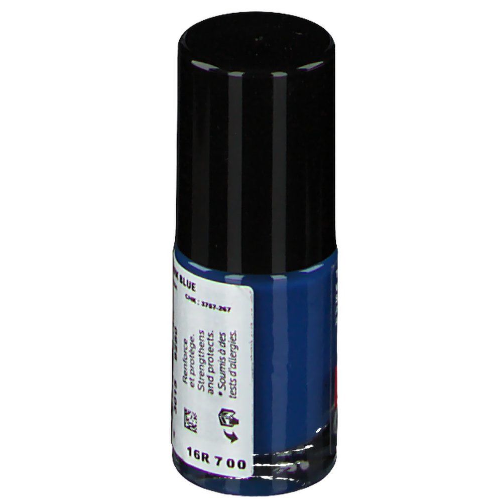 Flacon de vernis à ongles bleu foncé avec bouchon noir. Texte au dos. Couleur: Dark Blue.