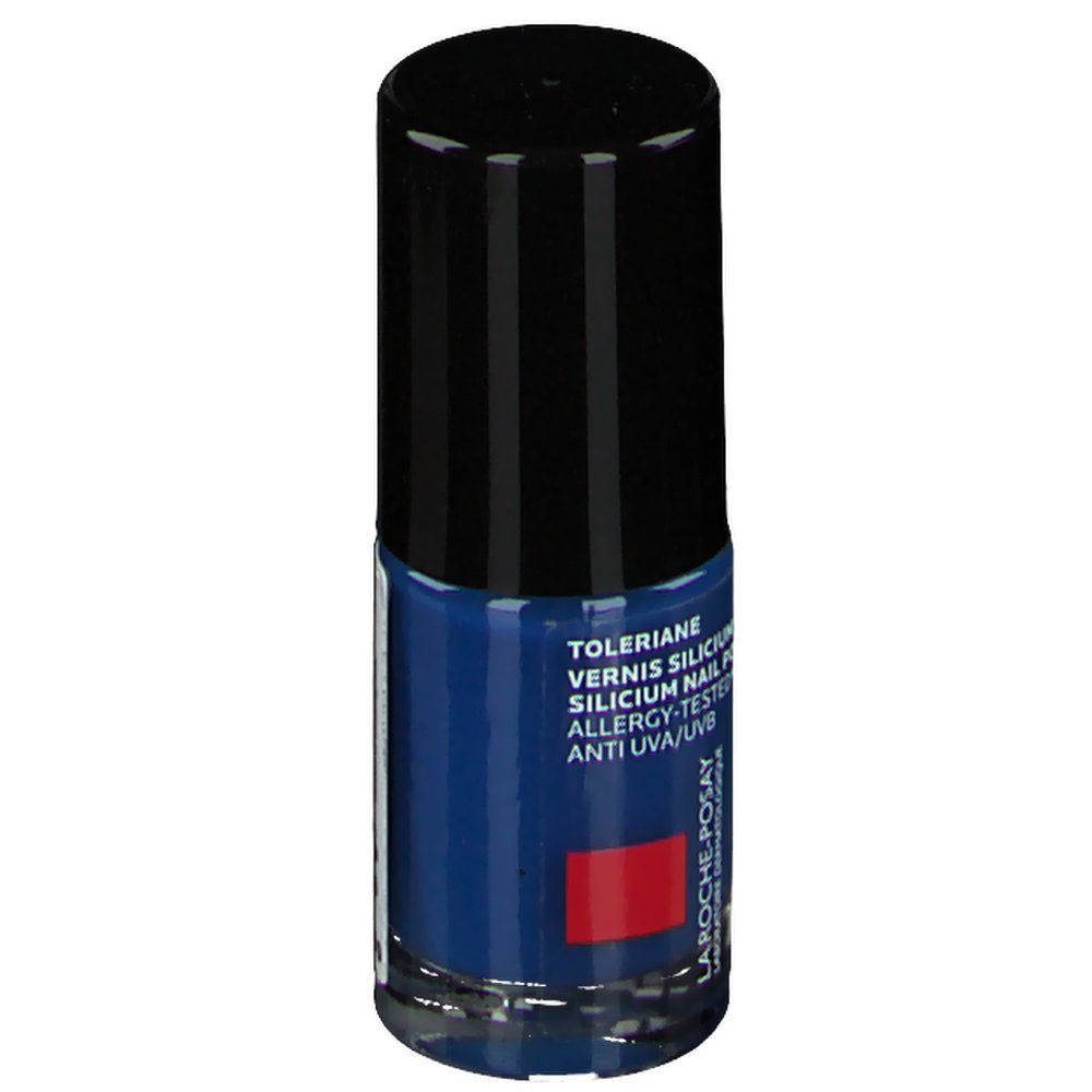 Flacon de vernis à ongles bleu foncé avec bouchon noir. Marque La Roche-Posay. Texte: Toleriane, Vernis Silicium.