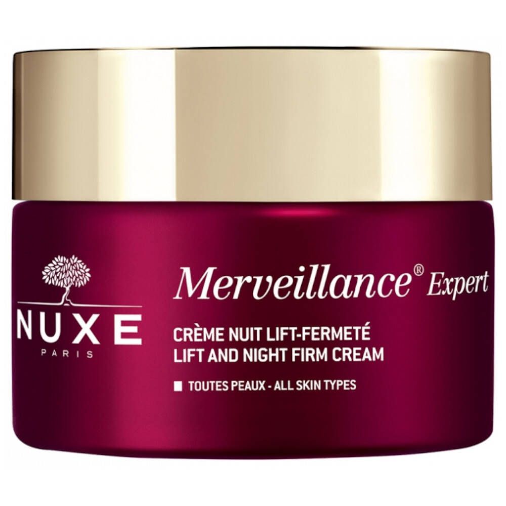 Pot rond avec couvercle doré. Inscription: Merveillance Expert, Crème Nuit Lift-Fermeté, Toutes Peaux.