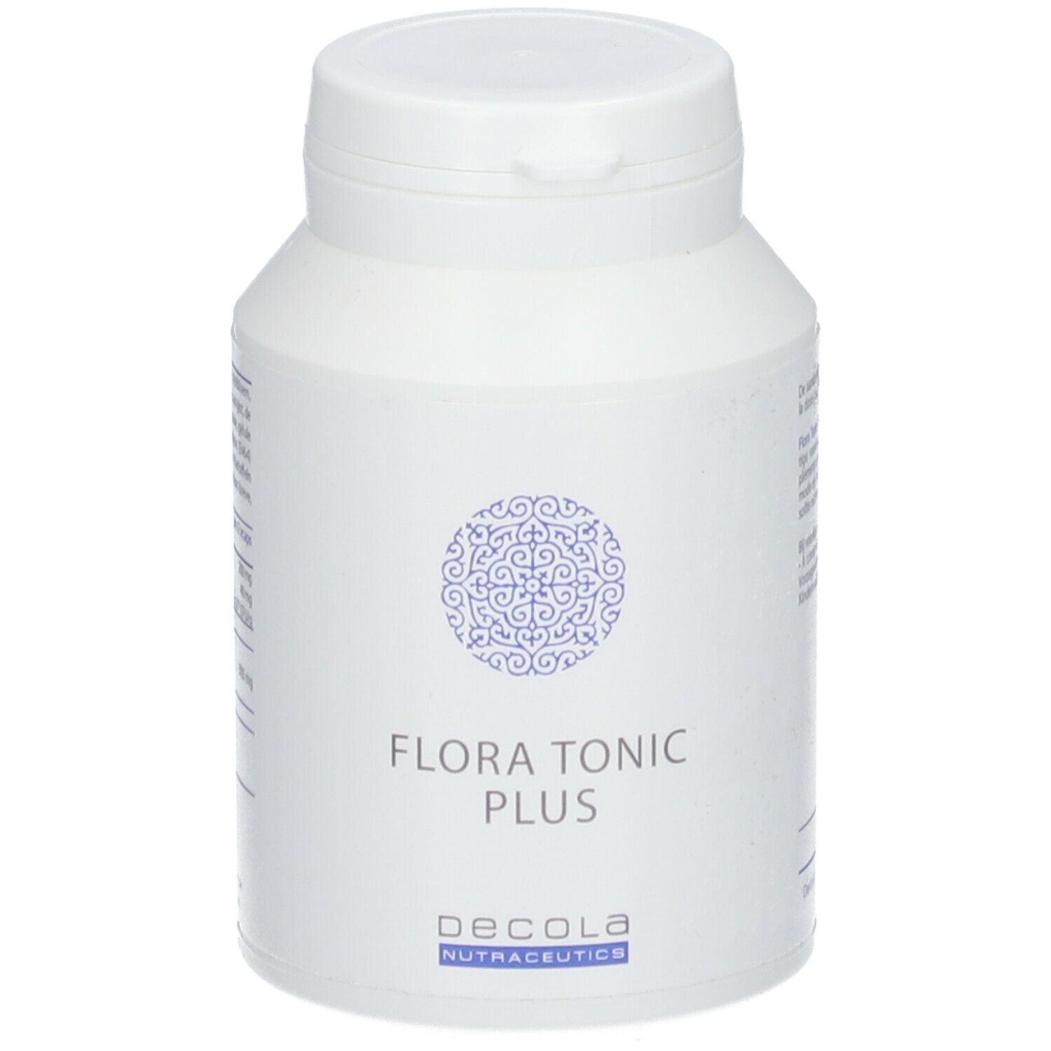 Flacon blanc avec couvercle. Inscription: Flora Tonic Plus, Decola Nutraceutics. Motif bleu.