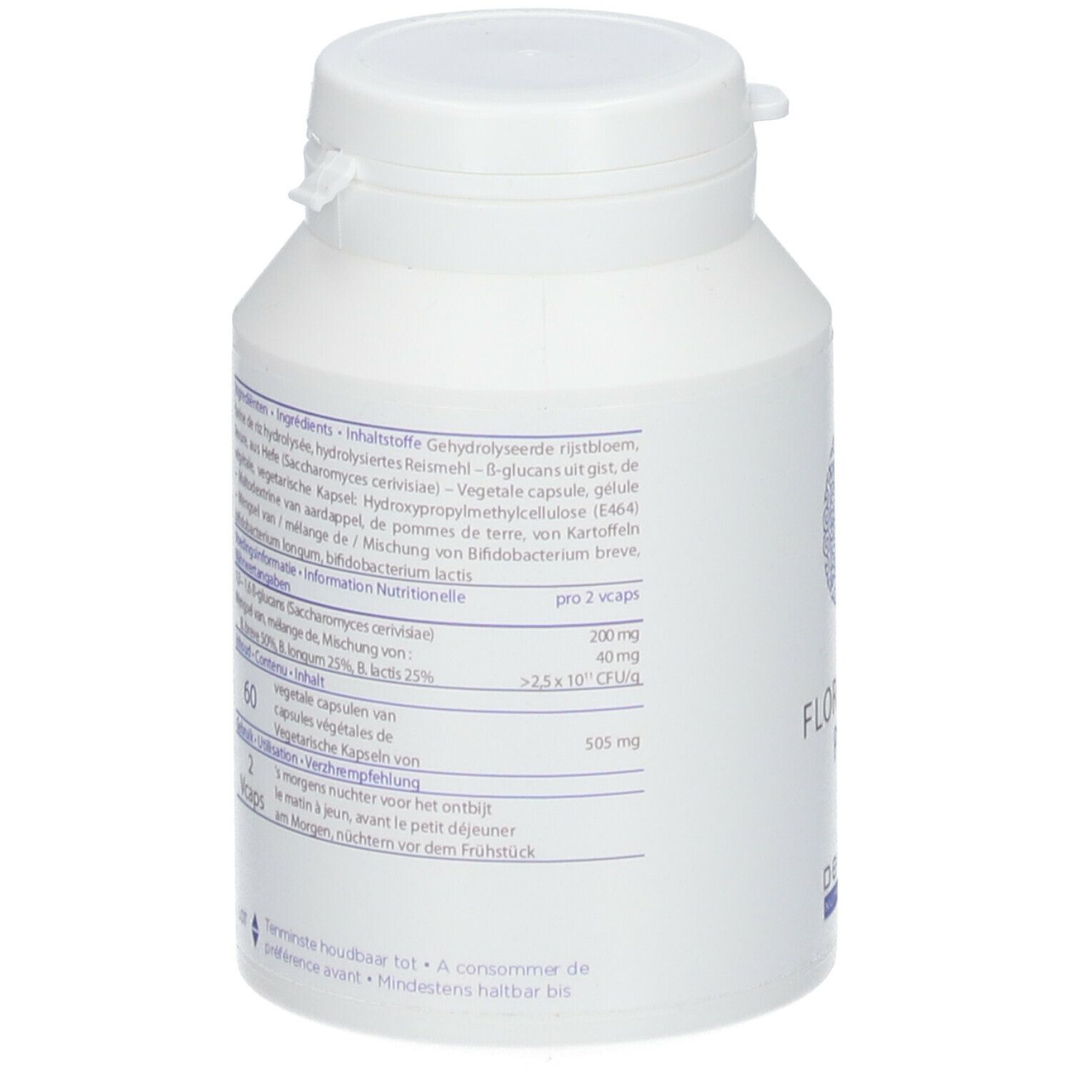 Flacon blanc, dos. Texte avec ingrédients et informations nutritionnelles. Couvercle en haut.