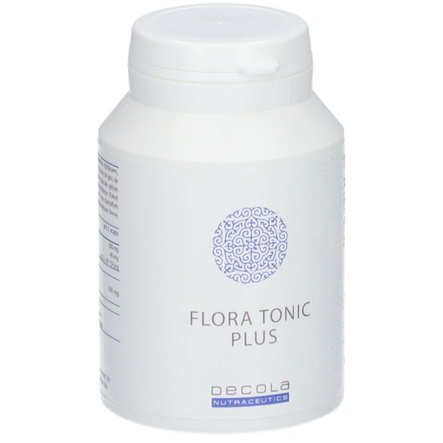Flacon blanc avec couvercle. Inscription: Flora Tonic Plus, Decola Nutraceutics. Motif bleu.