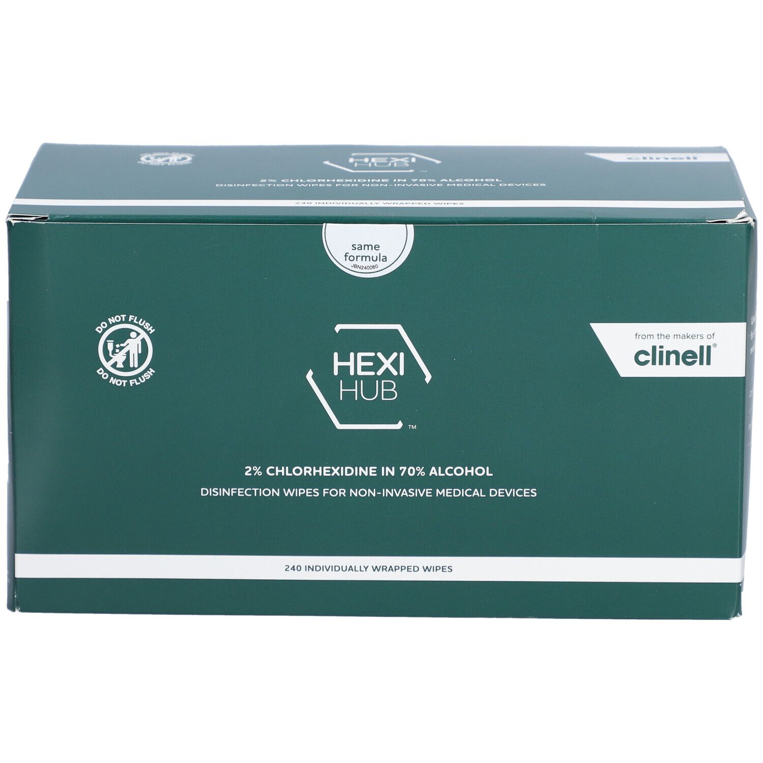 Boîte verte avec logo "HEXI HUB" et "Clinell". Contient 240 lingettes désinfectantes emballées individuellement.