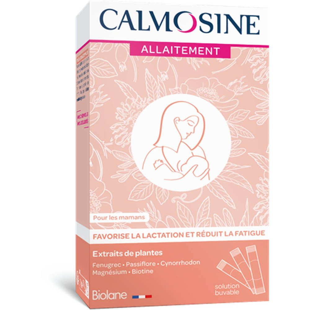 Pack CALMOSINE ALLAITEMENT. Contient 4 unidoses buvables. Texte: Favorise la lactation et réduit la fatigue. Logo Biolane.