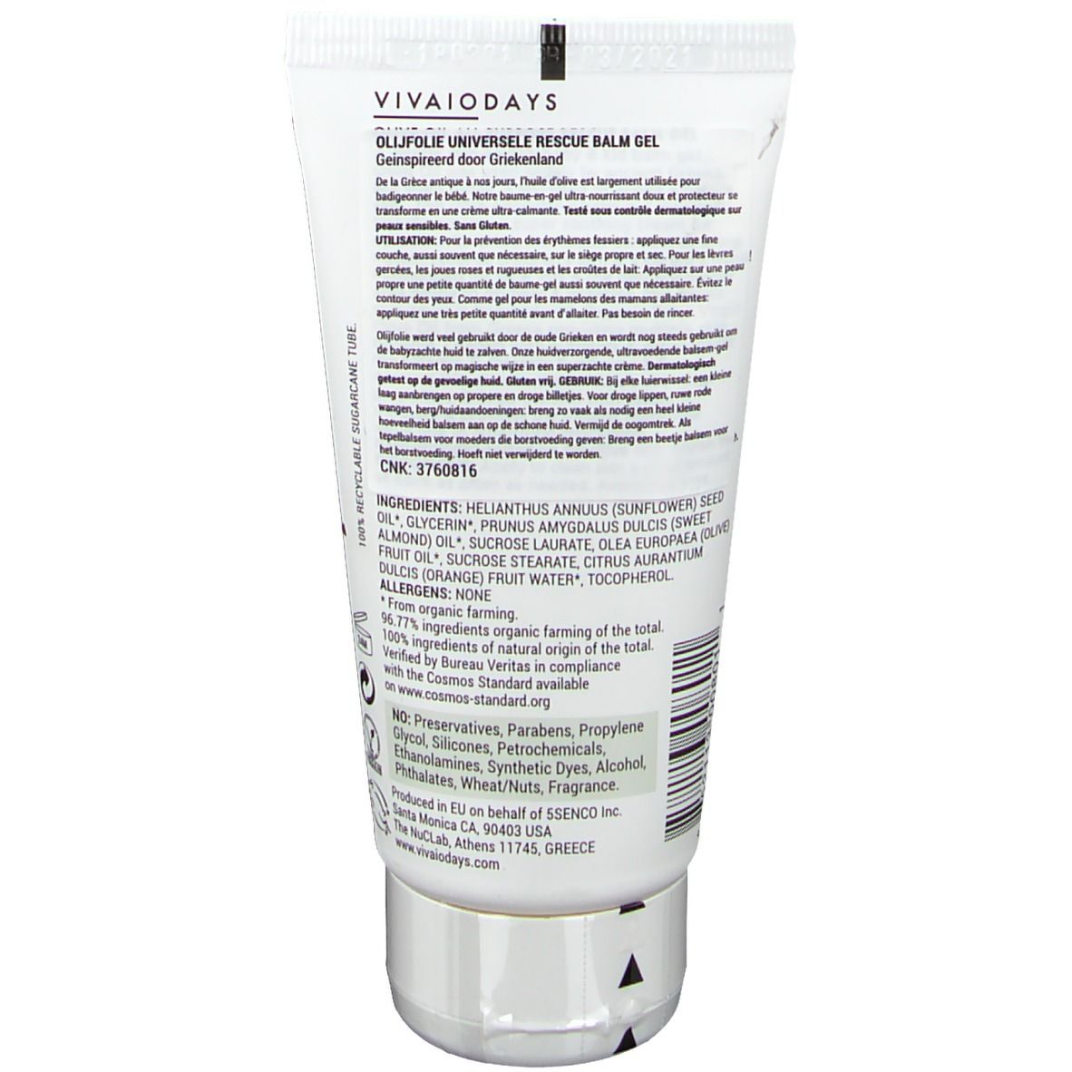 Dos d'un tube. Texte: ingrédients, mode d'emploi, informations fabricant. Certification bio. Symbole de recyclage.