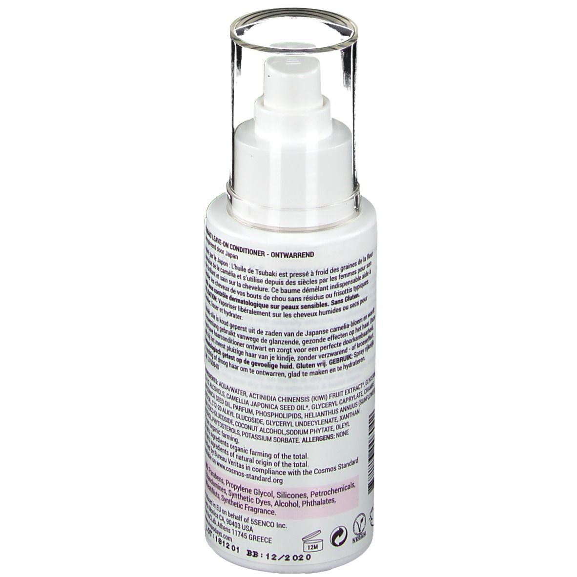 Dos du flacon blanc. Texte avec ingrédients et instructions d'utilisation. Contient des informations sur la fabrication et les certifications.