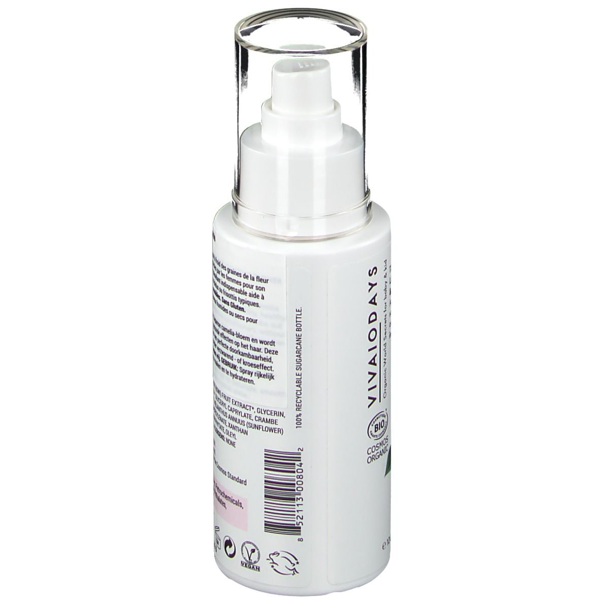 Dos du flacon blanc. Texte avec ingrédients et instructions d'utilisation. Contient des informations sur la fabrication et les certifications.