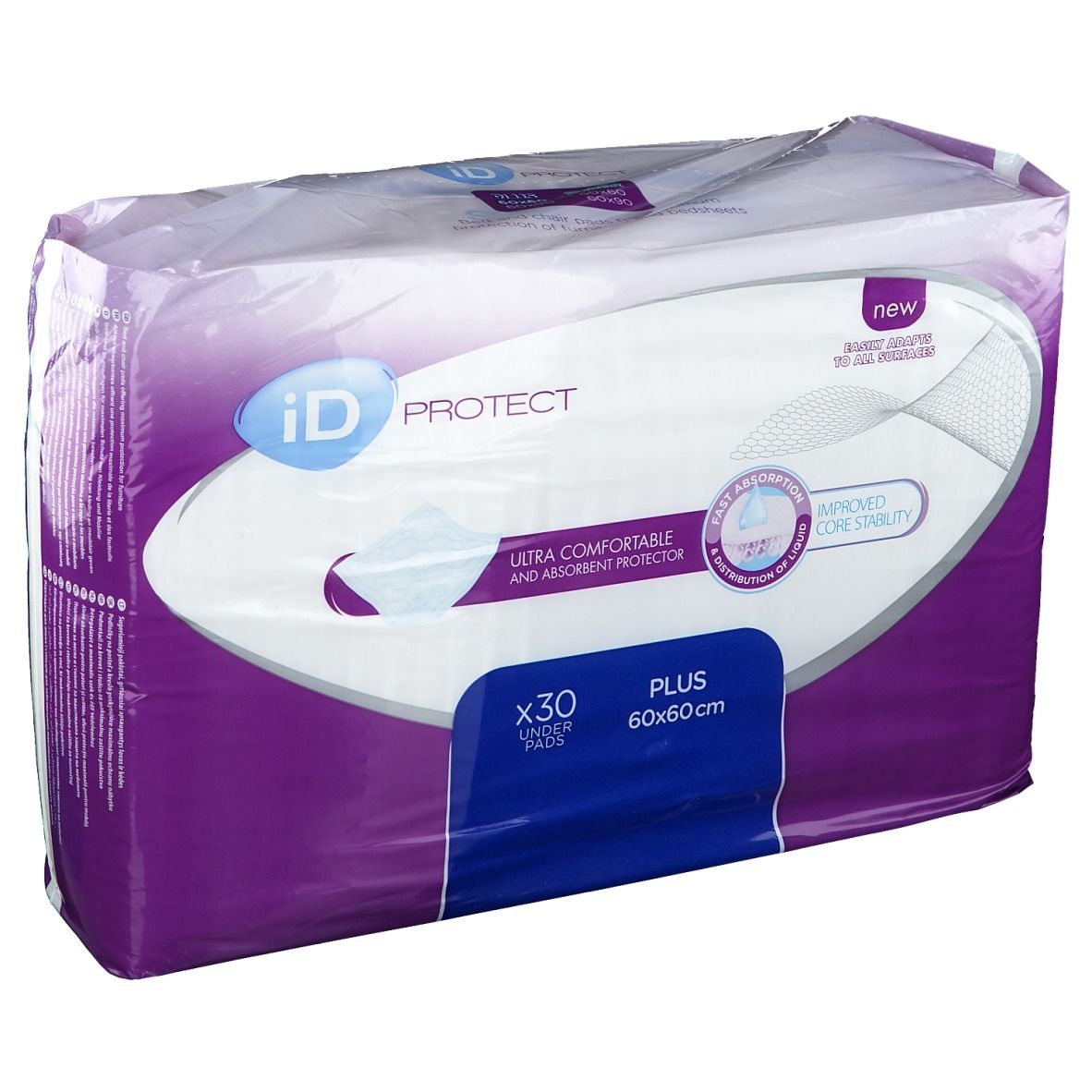 Paquet iD Protect Plus, 30 protections, 60x60cm, emballé dans un film transparent, design violet et blanc.