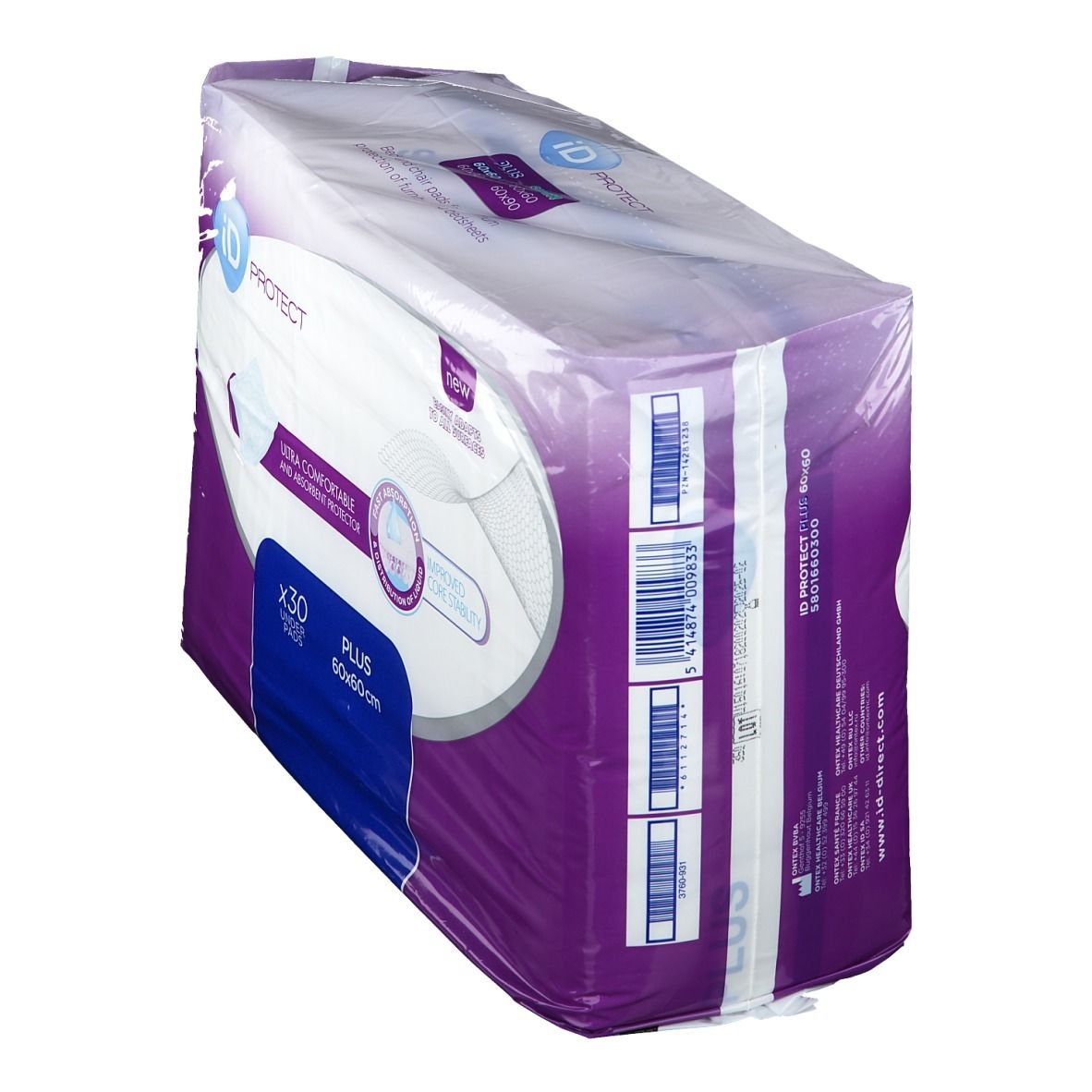 Paquet iD Protect Plus, 30 protections, 60x60cm. Vue oblique, emballé, avec code-barres.