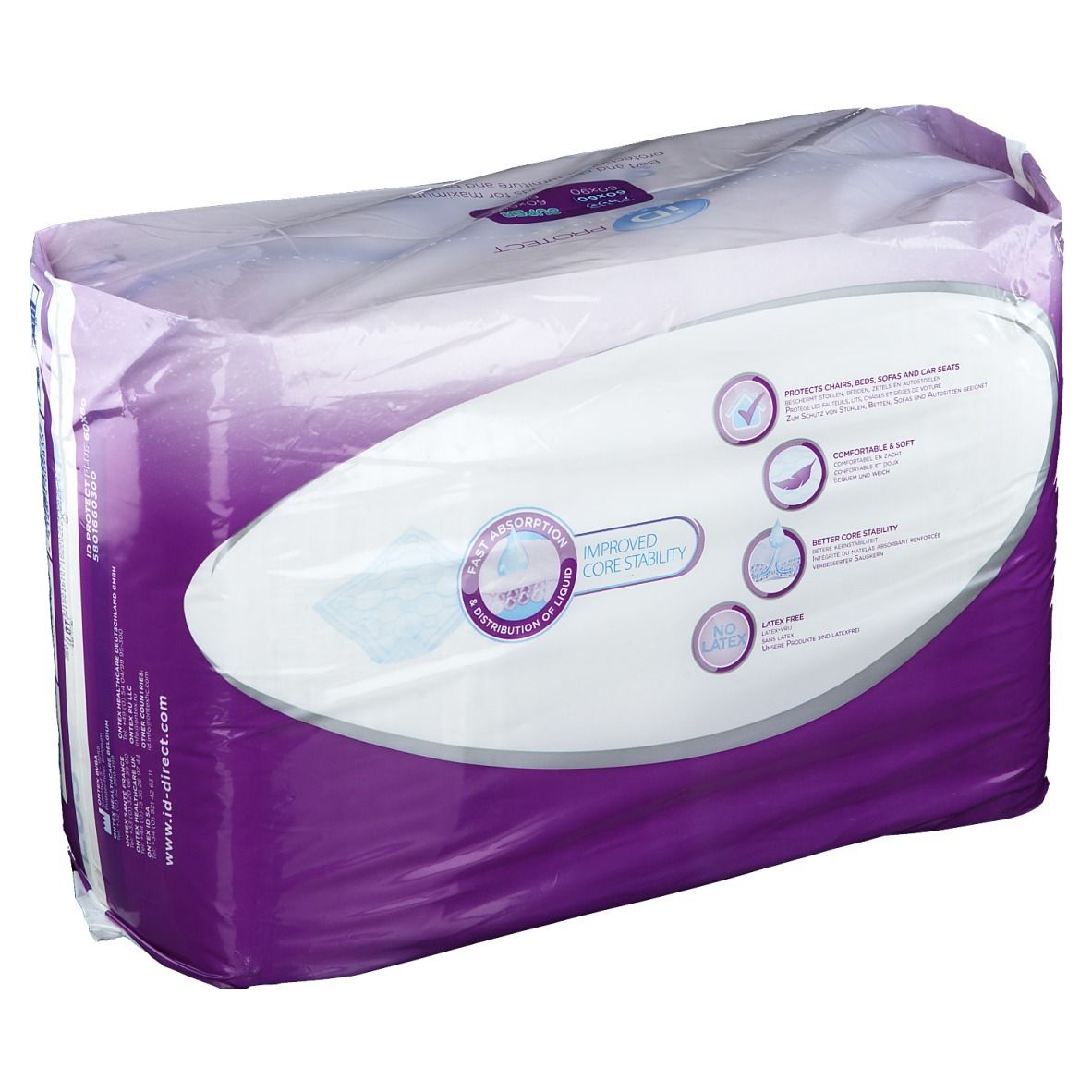 Paquet iD Protect Plus, 30 protections, 60x60cm. Emballé, avec caractéristiques et logo.