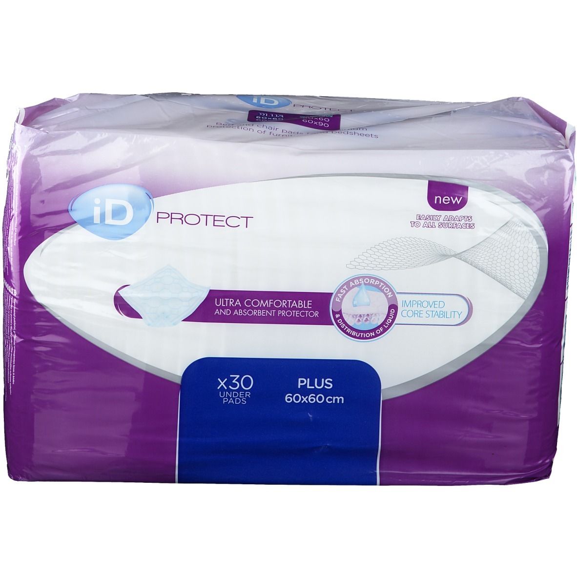 Paquet iD Protect Plus, 30 protections, 60x60cm. Emballé, avec informations et logo.