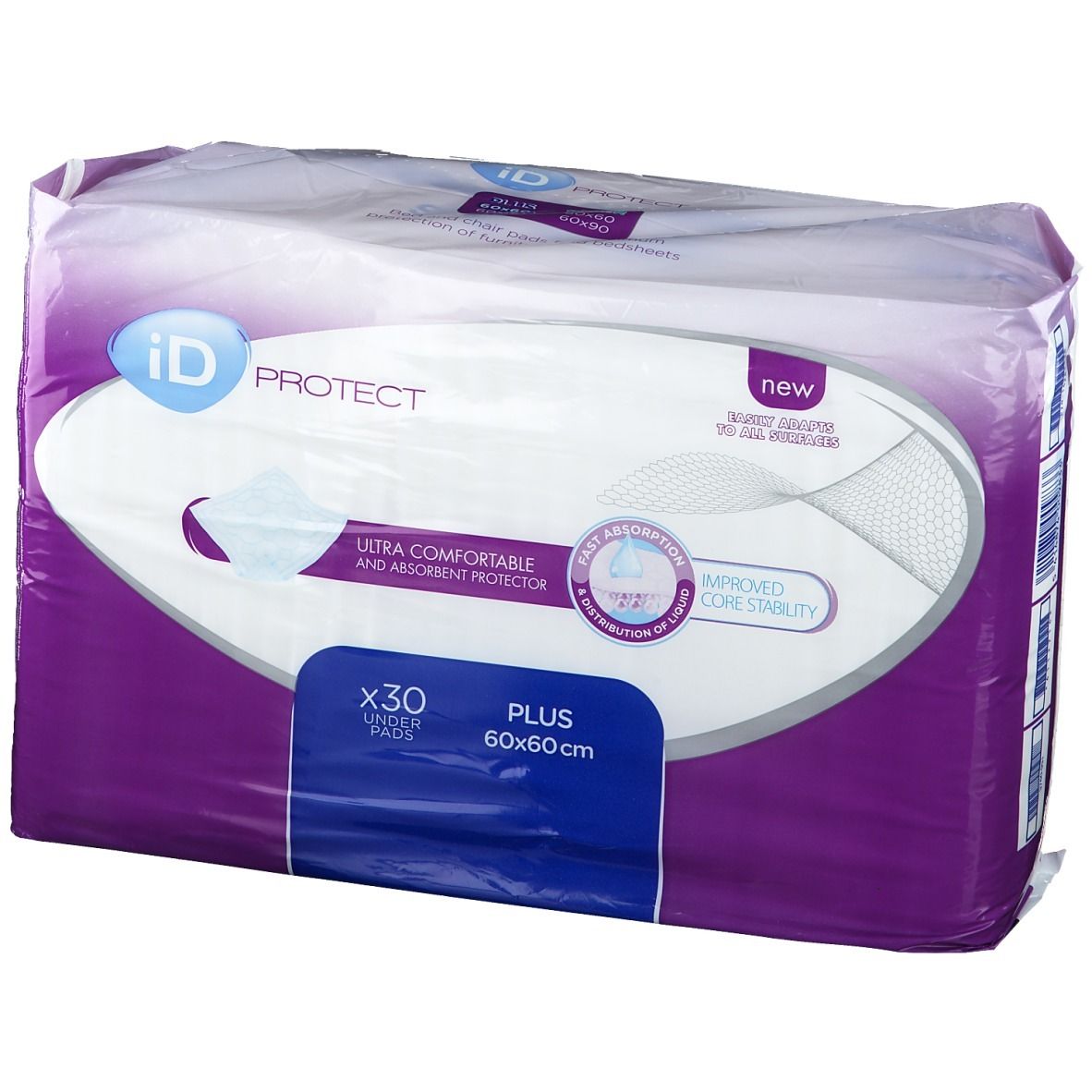 Paquet iD Protect Plus, 30 protections, 60x60cm. Emballé, avec informations et logo.