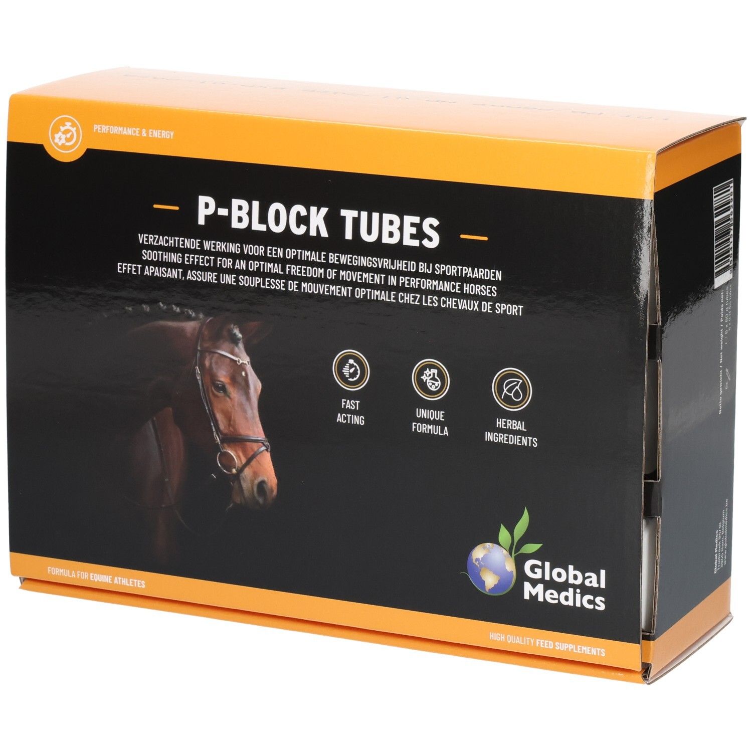 Emballage Global Medics P-Block Tubes avec illustration de tête de cheval et informations produit.