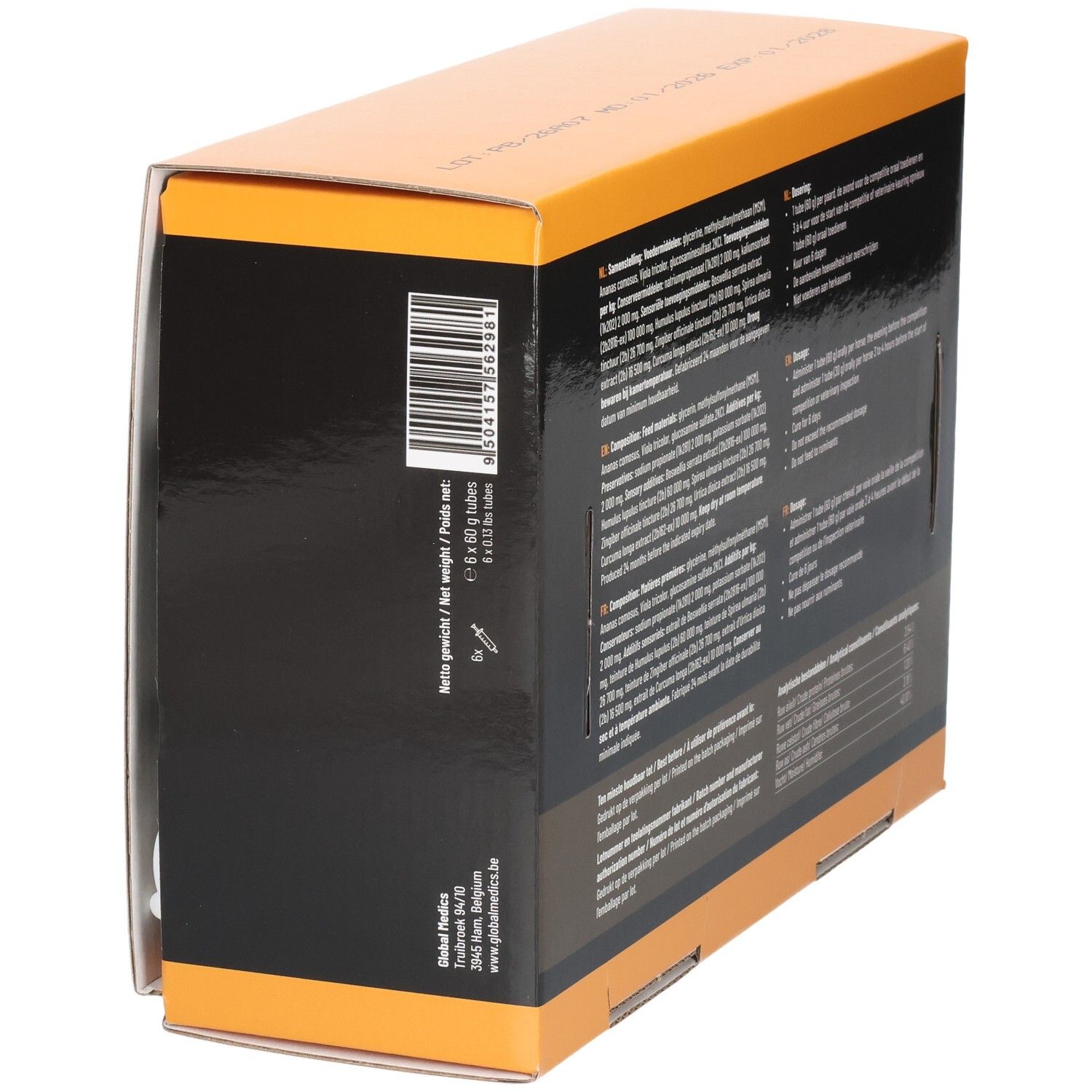 Vue latérale de l'emballage Global Medics P-Block Tubes avec code-barres et informations produit.