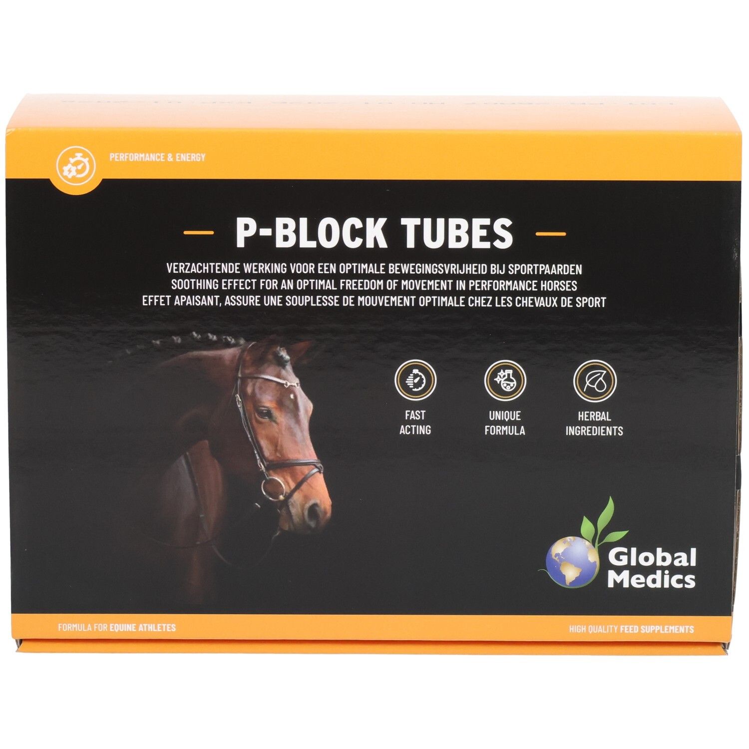 Emballage Global Medics P-Block Tubes avec illustration de tête de cheval, icônes et logo.