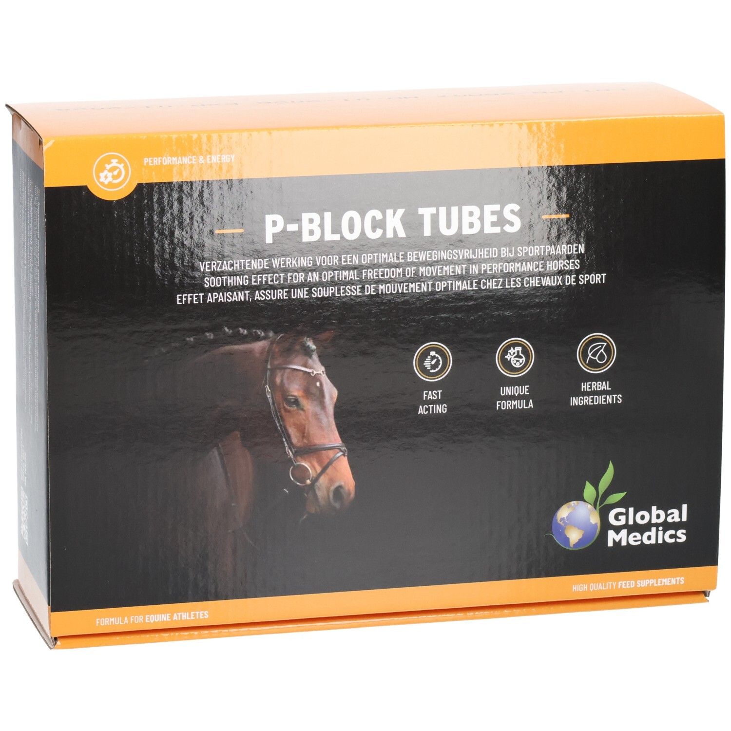 Emballage Global Medics P-Block Tubes avec illustration de tête de cheval, icônes et logo.