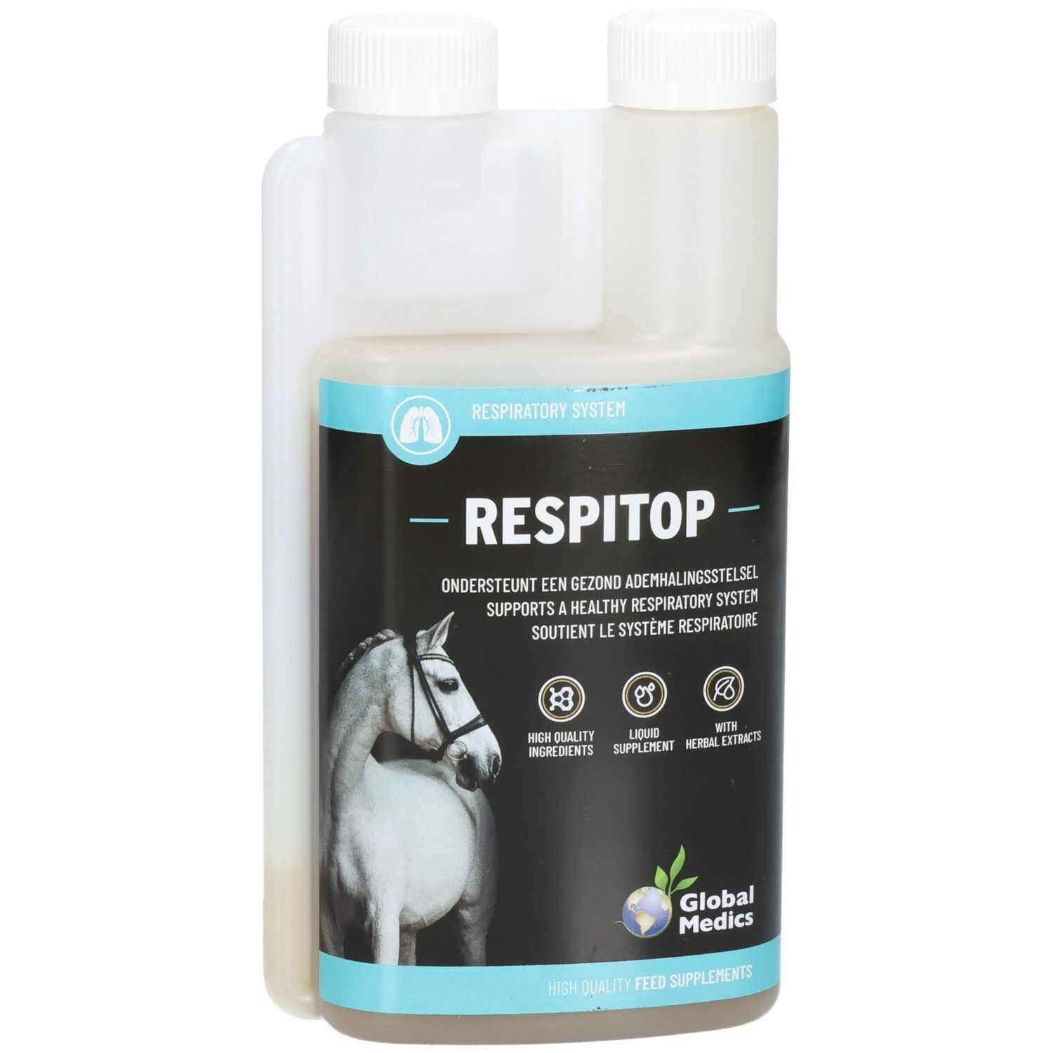 Liquide Global Medics Respitop dans un récipient transparent avec une étiquette montrant un cheval et des informations sur le produit.