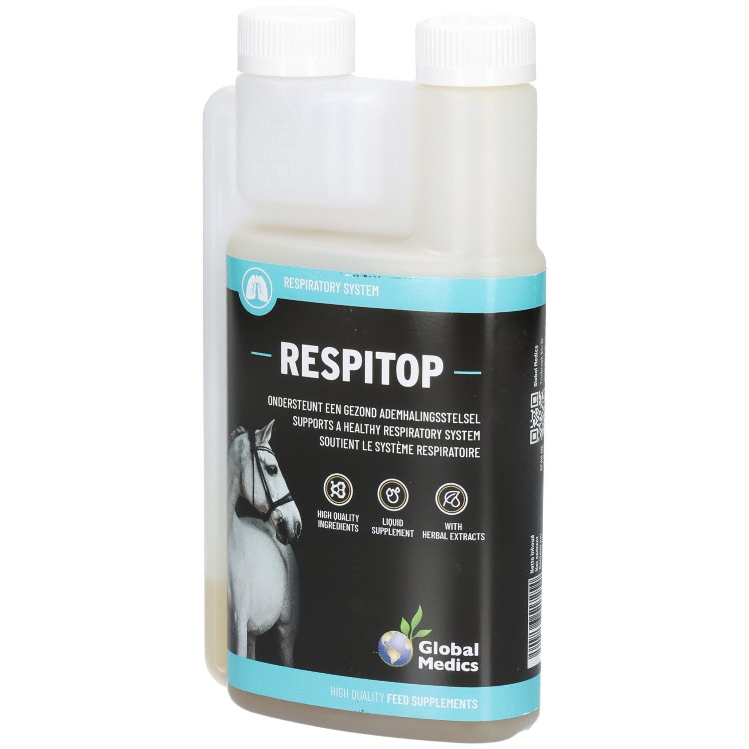 Liquide Global Medics Respitop dans un récipient transparent avec une étiquette montrant un cheval et des informations sur le produit.