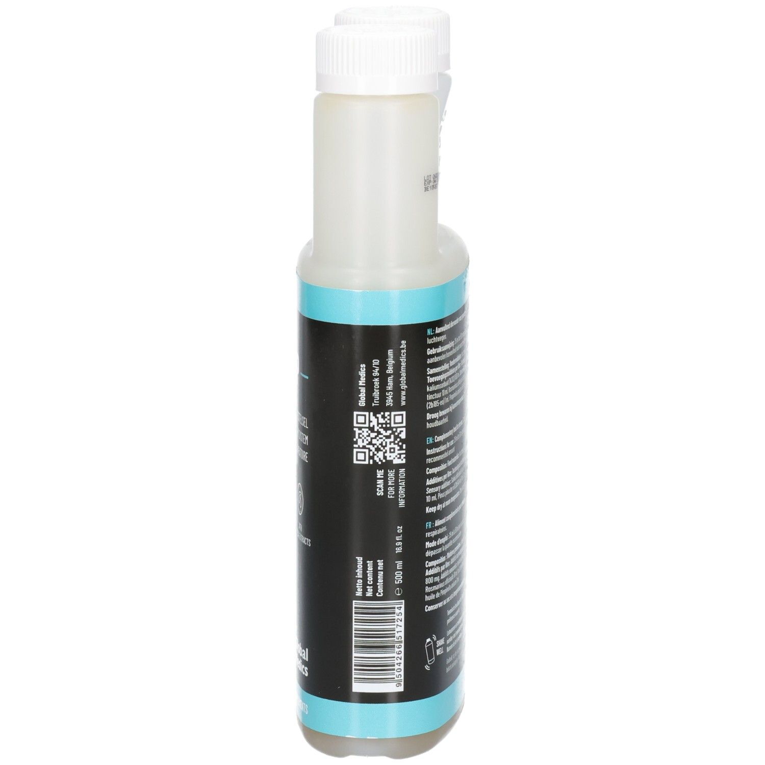 Arrière du récipient Global Medics Respitop avec un code QR, un code-barres et des informations sur le produit sur l'étiquette.