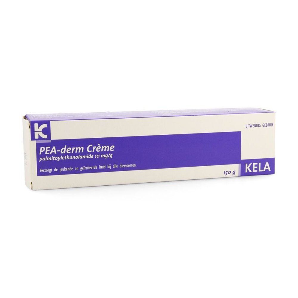 Emballage en carton de PEA-derm Crème. Blanc avec bande violette. Contient 150 g. Marque Kela.