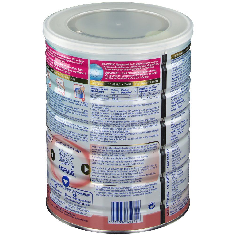 Boîte de lait en poudre, dos avec texte et informations. Logo Nestlé et code-barres. 800g.